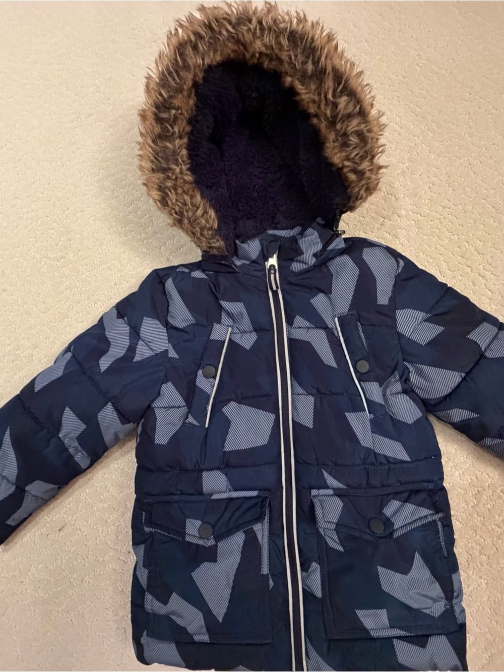 Toddler Boys Navy Patterned Hooded Puffer Coat with Faux-Fur Trim